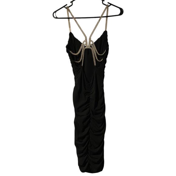 Cache Bodycon Ruched Mini Dress US 2 Black Open Back Rhinestone Party Black Tie - Picture 10 of 11